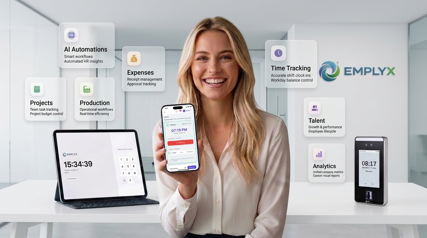 Emplyx on mobile, tablet and a time clock terminal, with its connected modules